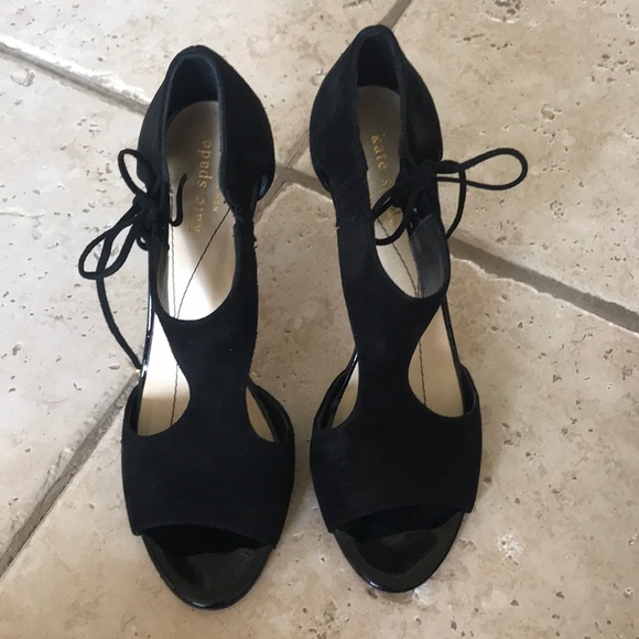 Kate Spade black lace up suede heels w gold detail - Picture 1 of 8